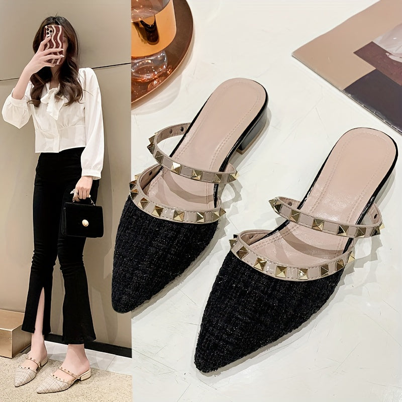 2023 Summer new French elegant sandals with pointed toes, thick heels, and half slippers for women.