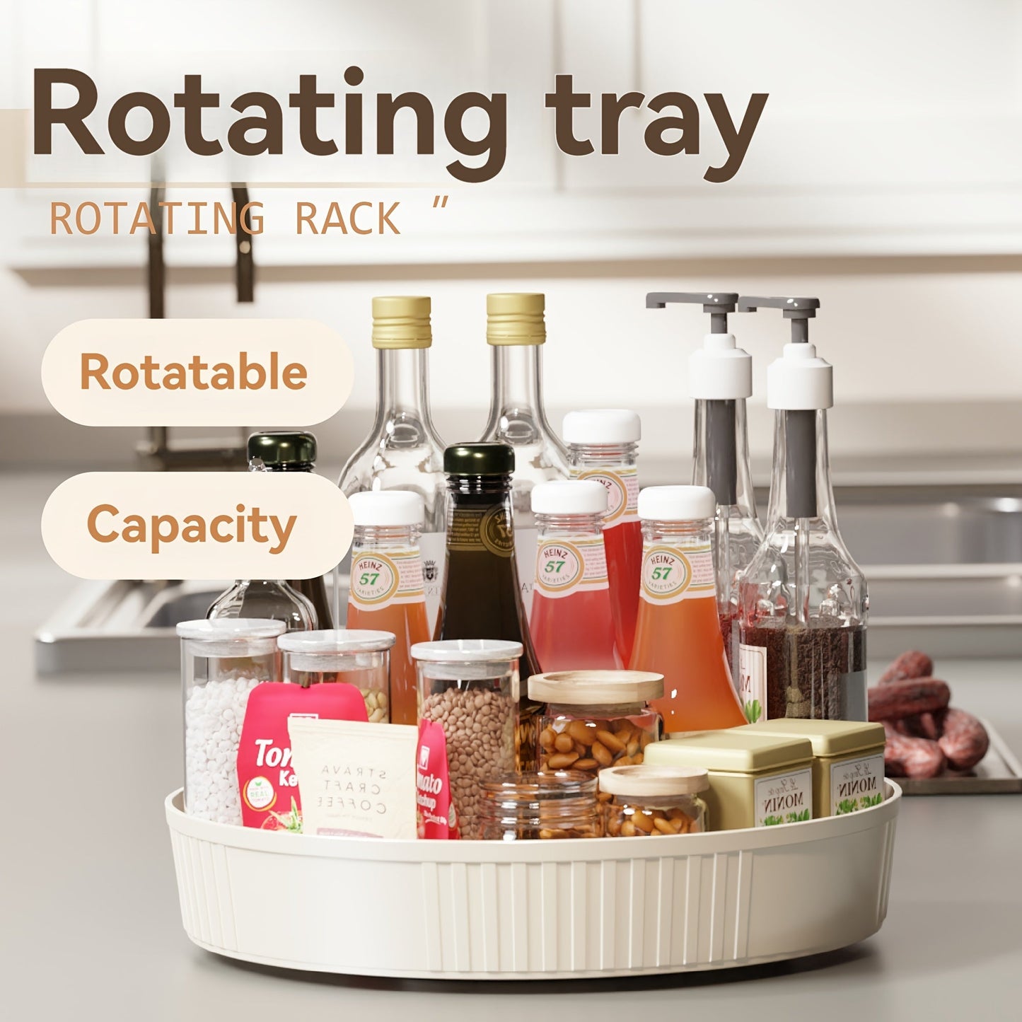 360° Rotating Kitchen Organizer Tray in White - Versatile Storage for Spices, Condiments, and Cosmetics - Perfect for Countertops and Pantry Organization, Convenient Tray for Kitchen Counter