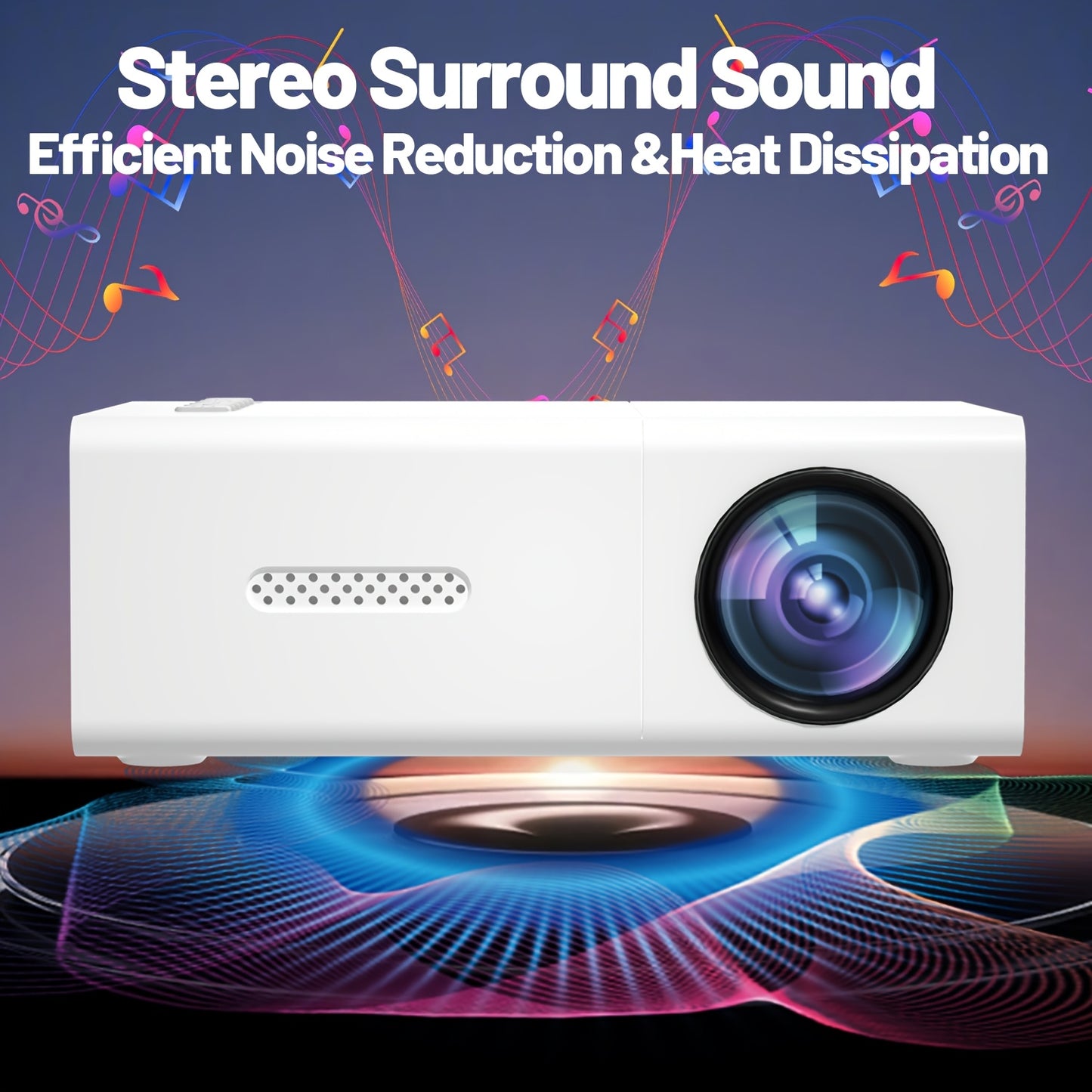 The ZRZTM Portable Mini Projector features LED display, 1080P support, speakers, remote control, native 320P resolution, and is compatible with USB and smartphones. It has button control