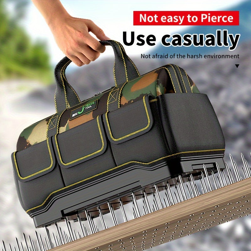 14-inch camouflage tool bag made of durable Oxford material with reflective stripes, waterproof and wear-resistant, featuring multiple pockets for electrical storage and a large capacity