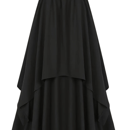 Elegant black double-tiered swing skirt made of polyester with scalloped edges. Perfect for medieval dance and Victorian performances. All-season fashion for women.