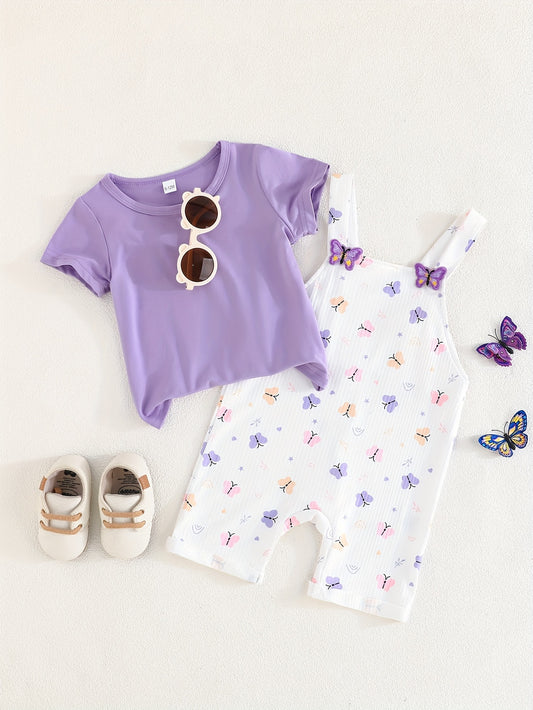 Girls' purple butterfly print romper & t-shirt set, lightweight polyester, summer casual wear, white with purple & pink accents, playful print design, polyester knit, outdoor clothing.