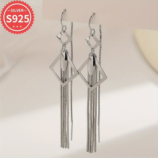 Beautiful 925 Sterling Silver Tassel Earrings with Geometric Diamond-Shaped Hollow Design, Hypoallergenic Long Leaf Fringe Ear Threads, Perfect for Everyday or Special Occasions, Ideal Christmas Gift - Lightweight at 4.5g