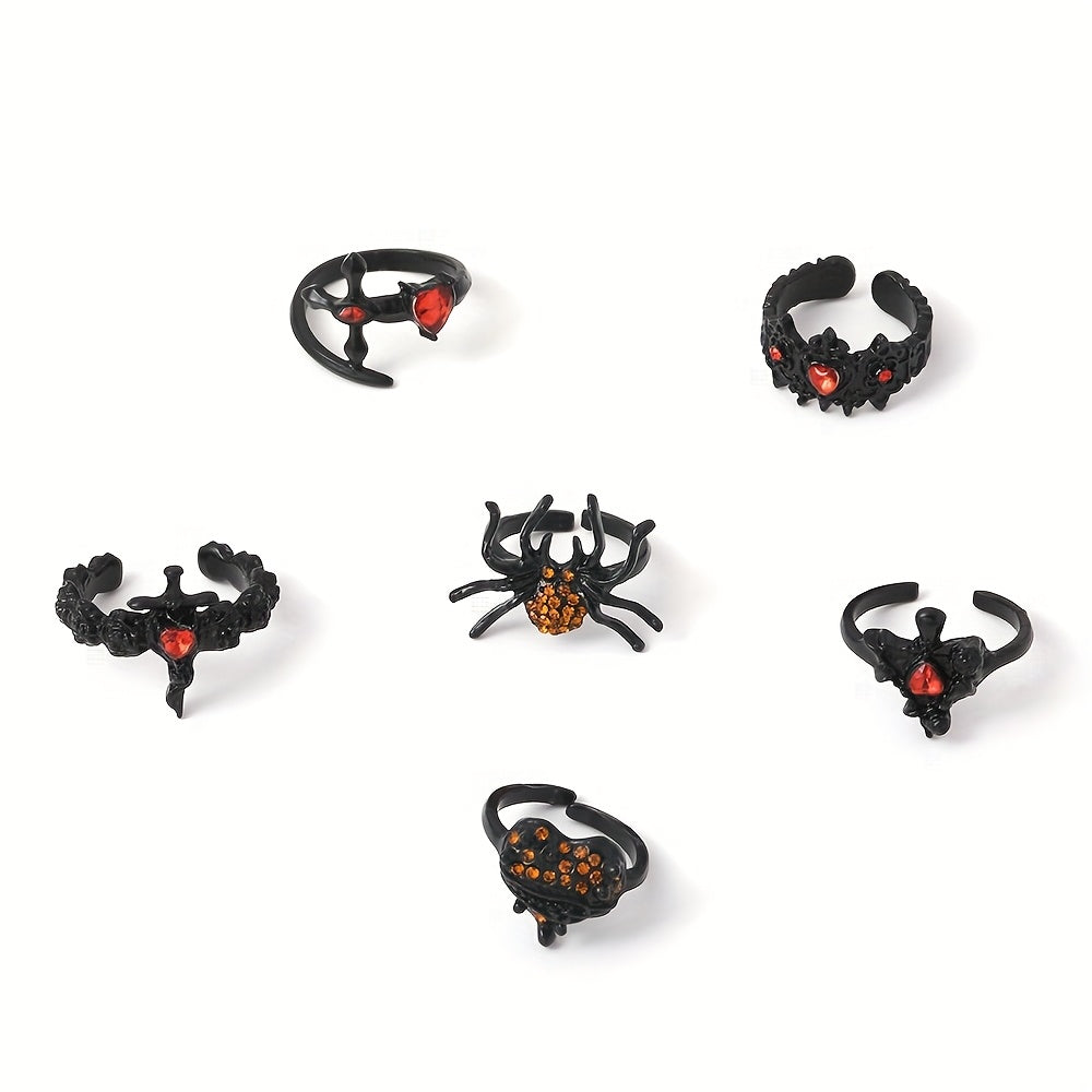 Set of 6 Gothic Black Rose Cross Adjustable Rings, Featuring Spider Cross Design with Sparkling Rhinestones, Stylish Alloy Rings for Women - Ideal for Everyday or Special Occasions