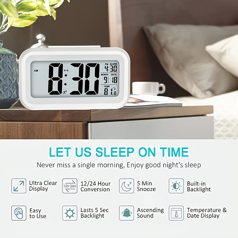 Smart LCD Display Digital Alarm Clock with Indoor Temperature, Date, and Light Sensor - Features Backlight and Night Light, Ideal for Home and Bedroom Use. Battery Operated Desk Clock suitable for Ages 14 and Up.