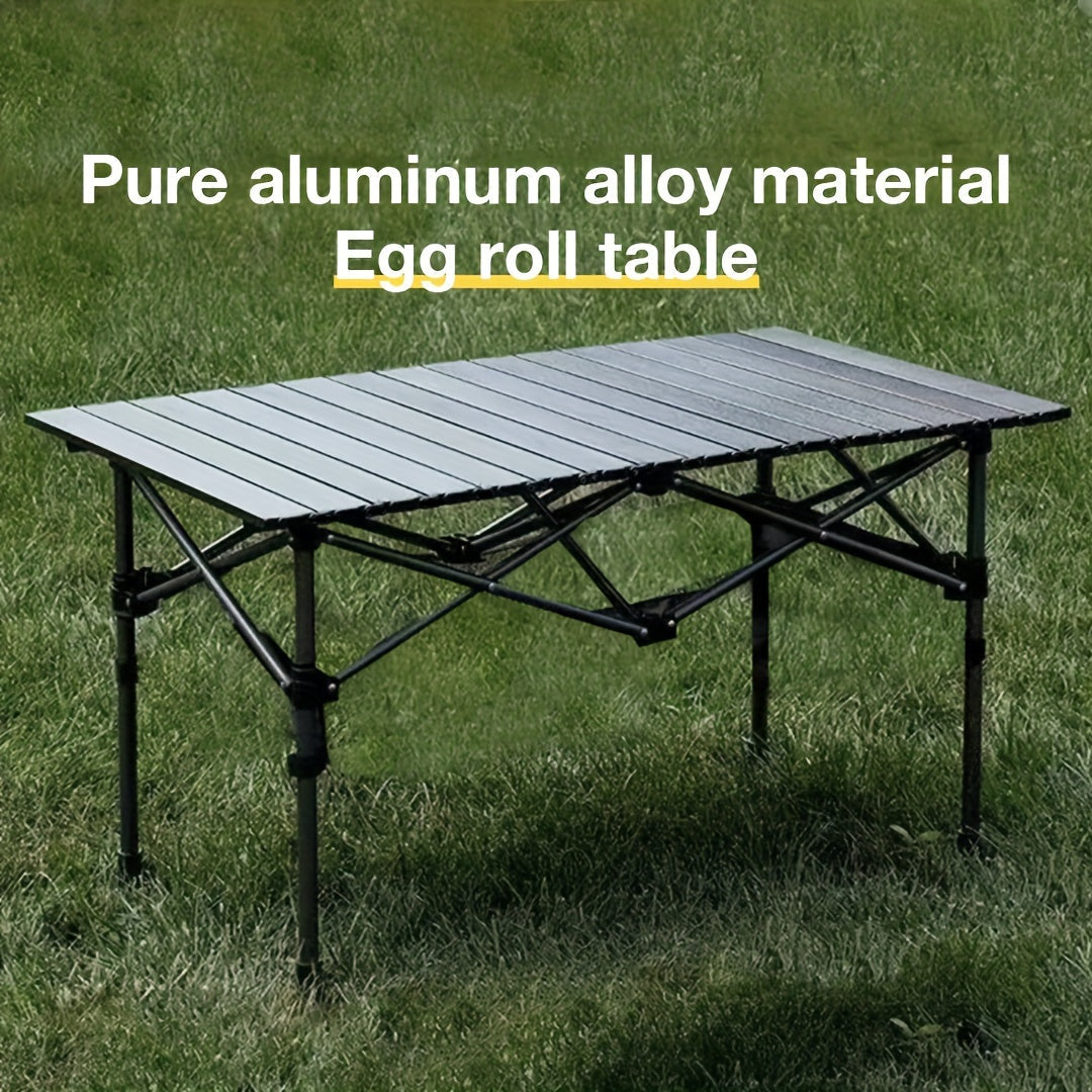 Portable, foldable outdoor table suitable for camping. Crafted from durable golden material in a convenient roll-shaped design.