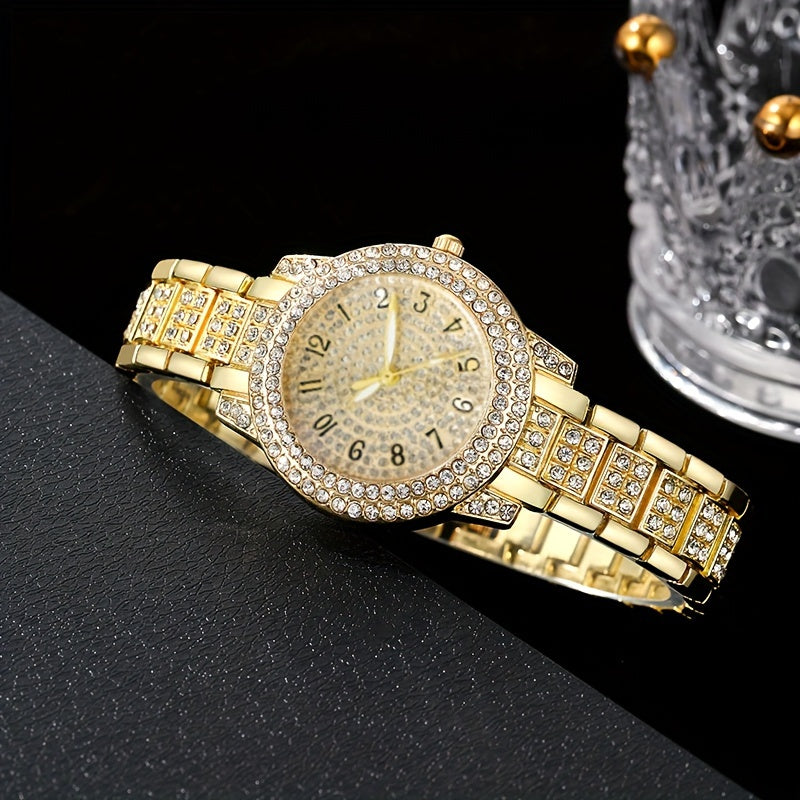 Set of 7 Women's Golden Quartz Watch & Jewelry, includes minimalist wristwatch, necklace, bracelet, ring, and stud earrings.