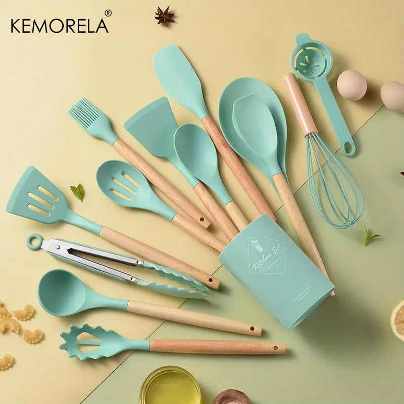 KEMORELA 14-Piece Silicone Kitchen Utensil Set with Wooden Handles and Storage Bucket - Non-Stick, Food-Safe Cooking Tools Ideal for Apartments and Dorms, by KEMORELA