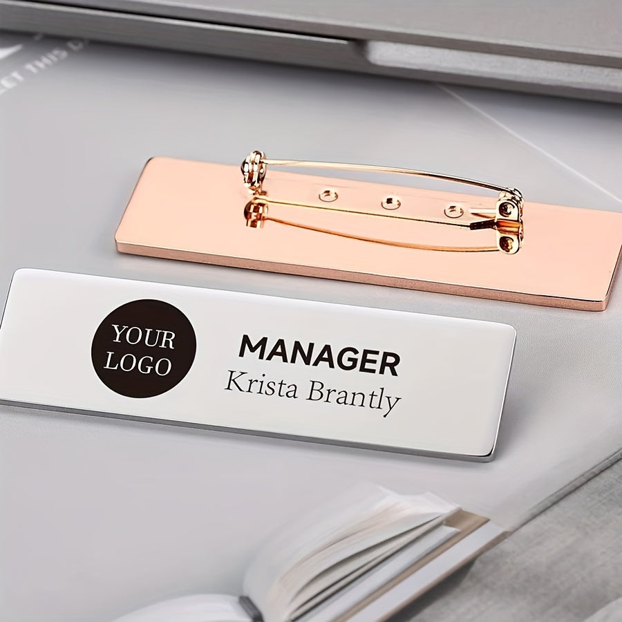 Unique Personalized Name Tag Pin – Sophisticated Stainless Steel Badge with Custom Engraving, Simple and Elegant Design, Fun Slogan Option for Company Identification – Square Badge Ideal for Executives and Industry Experts.