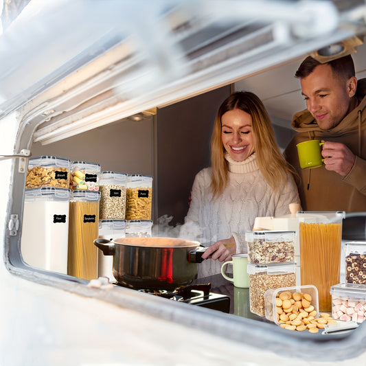 7-piece BPA-Free Airtight Food Storage Container Set for RV with Labels and Marker, perfect for storing flour, sugar, cereal, pasta, and snacks.