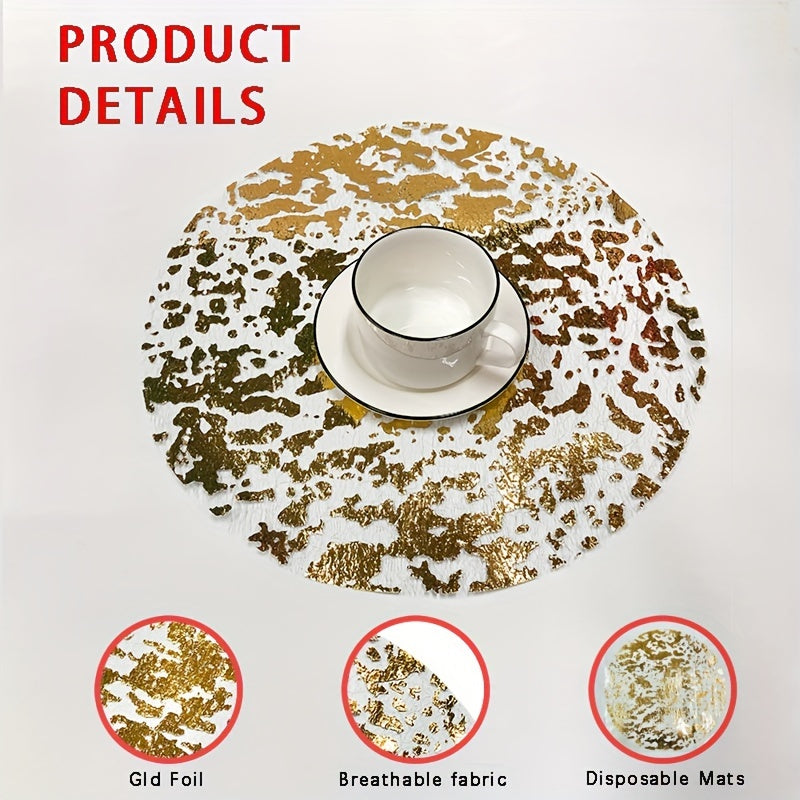 Set of 12 disposable golden placemats, metallic round 33.02 cm gold foil mesh pressed fall table mates. Perfect for dining table, wedding, birthday party, or holiday decoration.