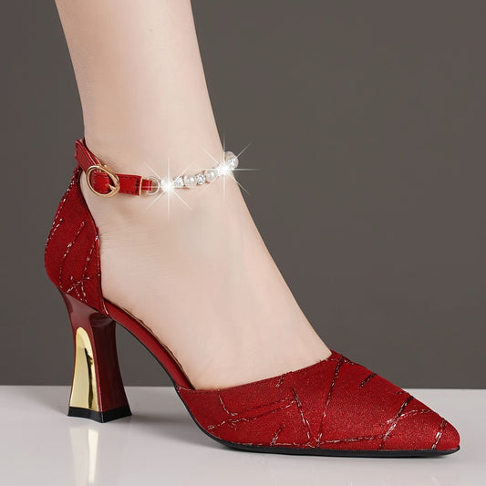 Stylish red dress sandals for women with pearl strap and diamond buckle, pointed toe, mid-high heel - perfect for weddings and formal events