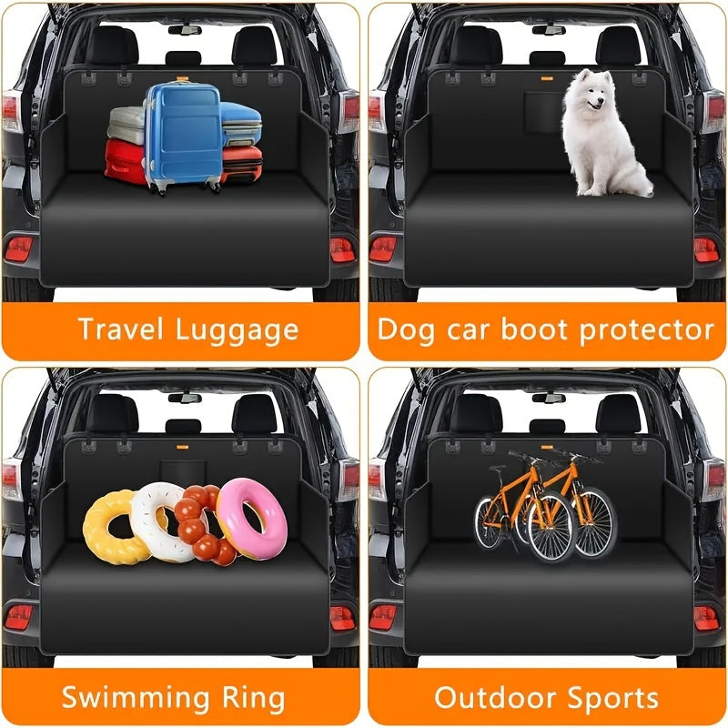 Waterproof black fabric trunk liner protects pet cargo from scratches in small trucks and SUVs.