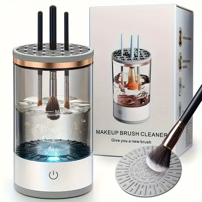 Electric makeup brush cleaner and dryer machine with USB power and universal silicone cap for all brushes, providing fast cleaning and drying for home use.