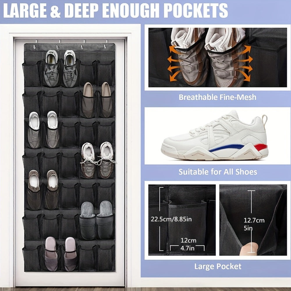 Organize your shoes with ease using the 35-Pocket Over-the-Door Shoe Organizer. This hanging canvas shoe storage solution comes with 4 metal hooks, making it perfect for saving space in your home, kitchen, or closet.