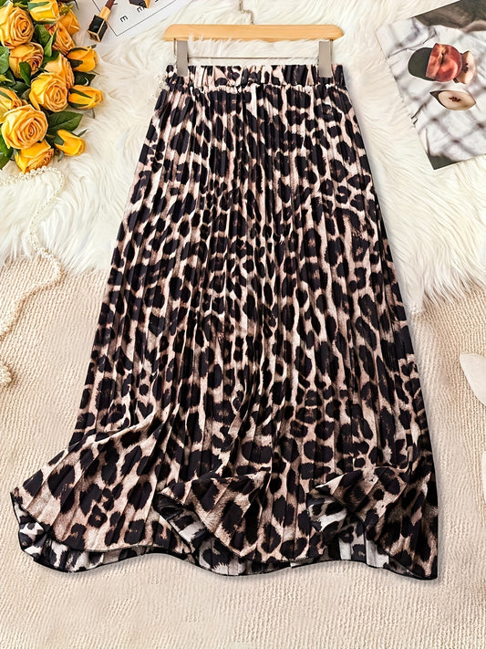 Leopard print high waist pleated skirt, perfect for spring and summer, women's fashion.