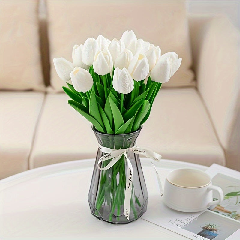 5 lifelike white tulip artificial flowers with real touch feel, perfect for spring decor, weddings, and home office centerpieces. No batteries needed.