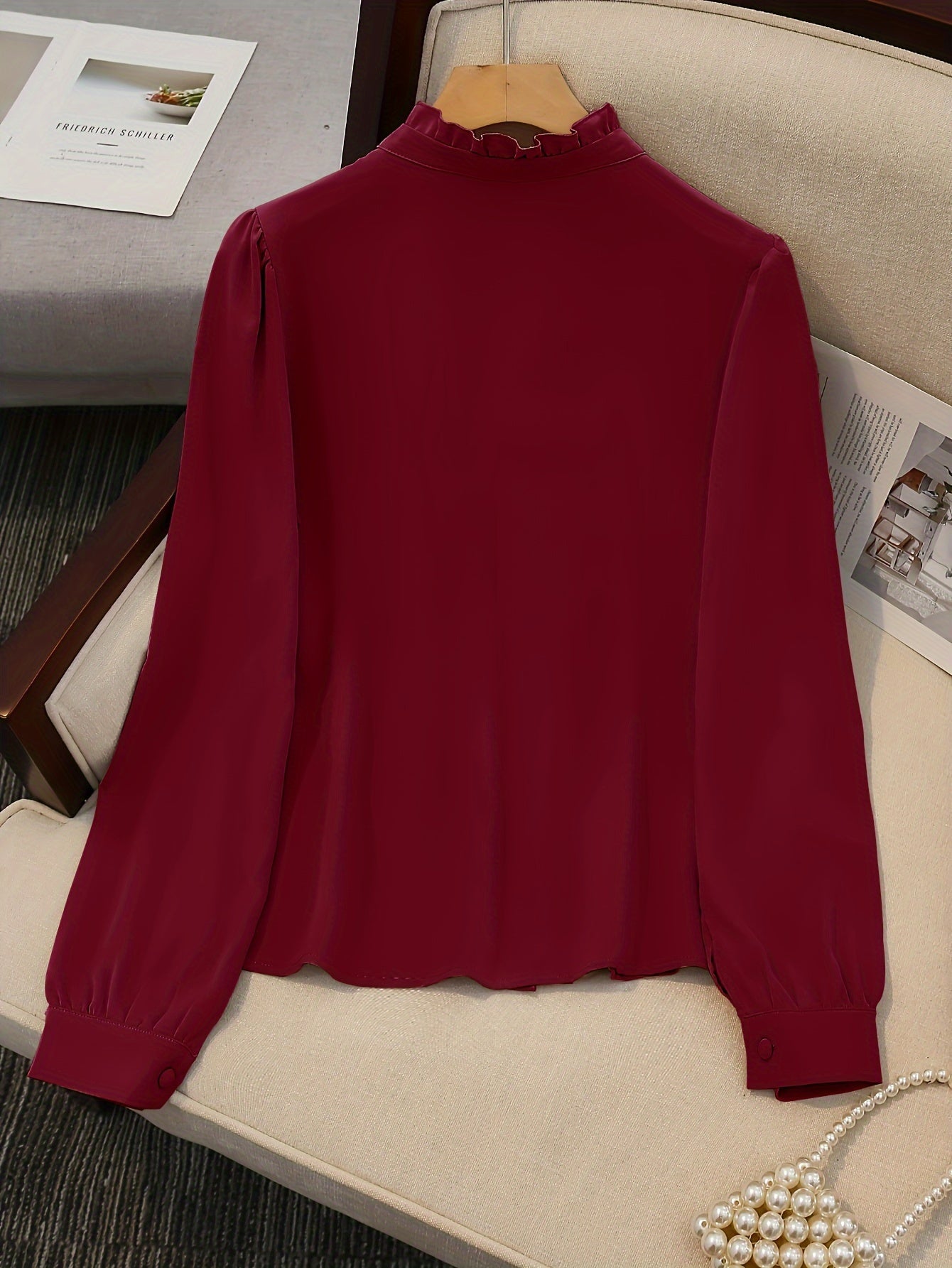 Ruffle Trim Button Front Blouse, Elegant Long Sleeve for Spring & Fall