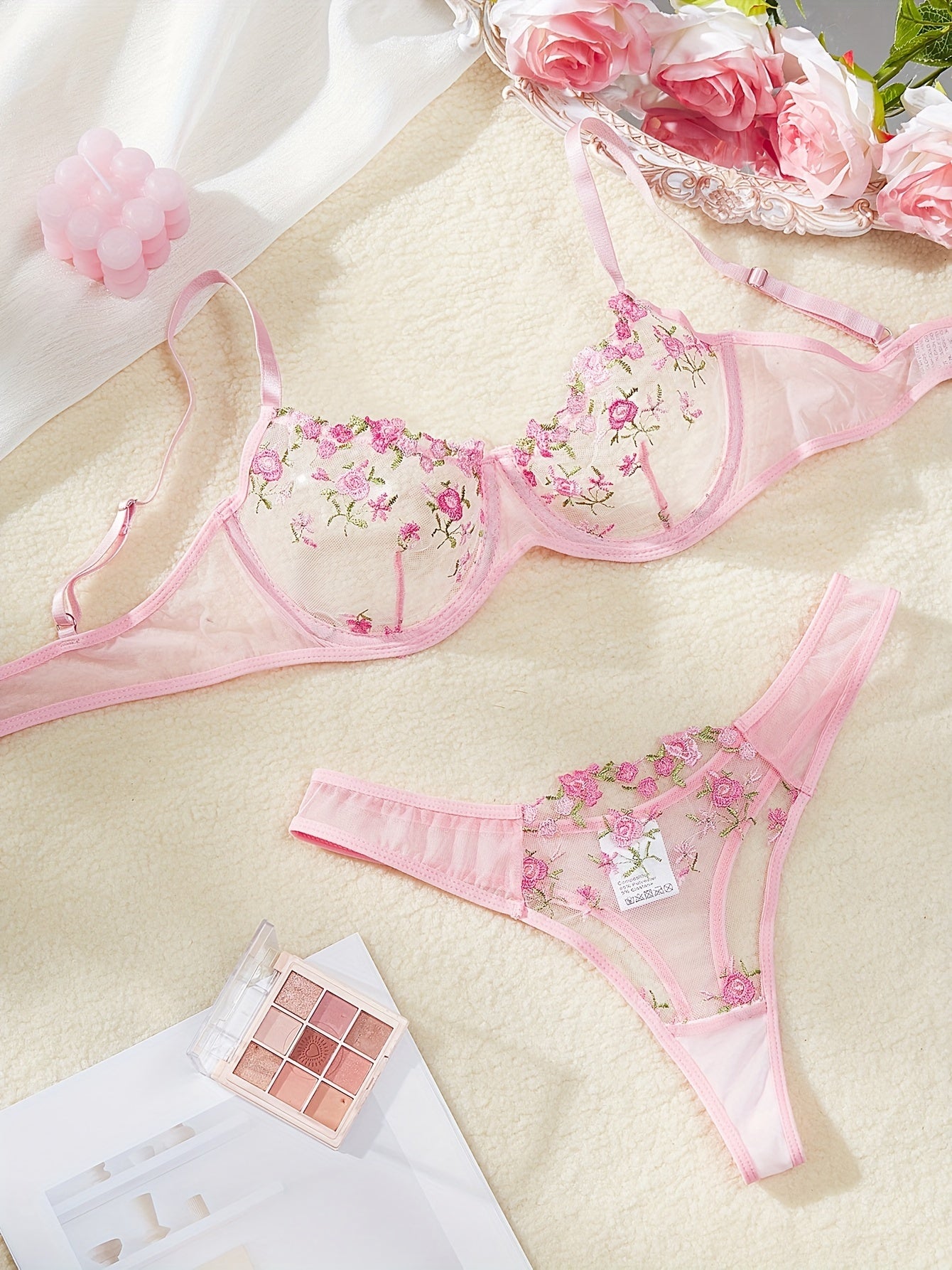 Mesh lingerie set with floral embroidery, includes plunge bra and thong for women