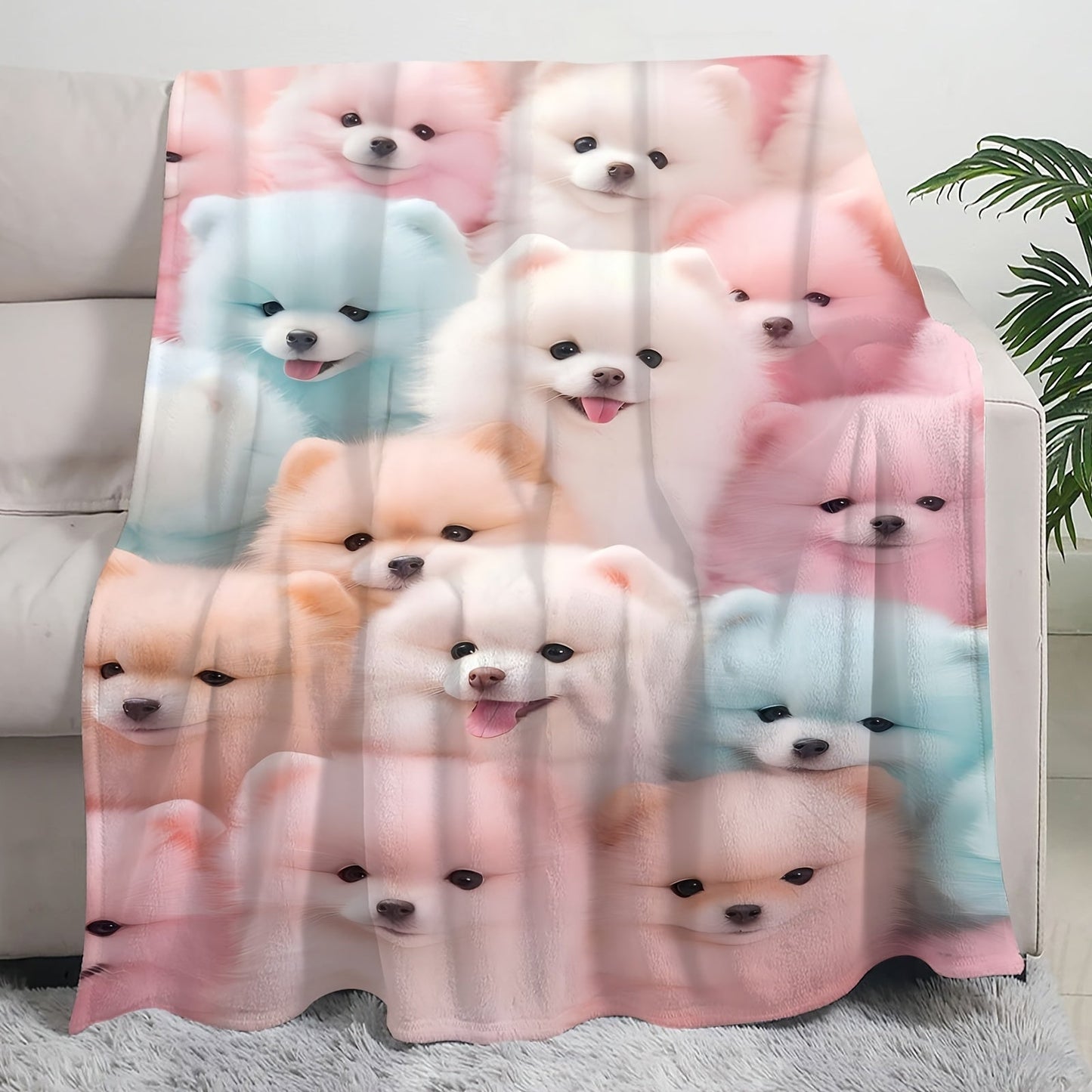 All-Season Flannel Throw Blanket featuring a Cute Pomeranian Dog Pattern - Soft, Warm, and Versatile for Sofa, Chair, Car, Office, Bedroom, Home, Travel, and Camping - High-Definition Digital Print, Contemporary Style - Polyester Material, Machine