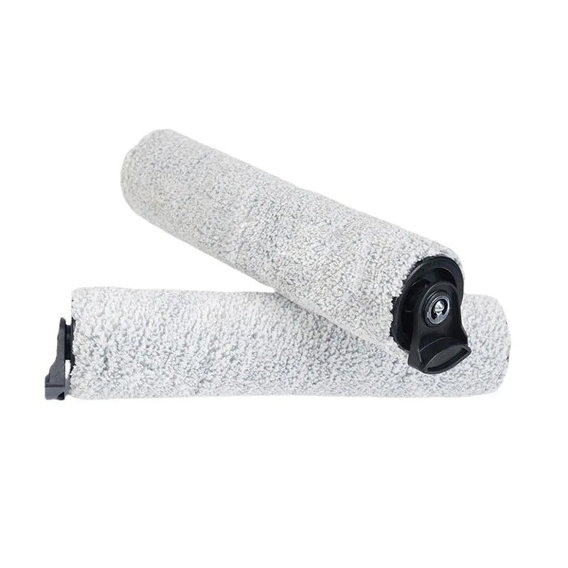 Two-piece replacement main brush roller set designed for use with the Tineco iFloor 3/S3/C/M1F8 wet dry cordless vacuum cleaner. Made with plastic and cloth materials, these floor attachment accessories are compatible with the Tineco iFloor 3/S3/C/M1F8