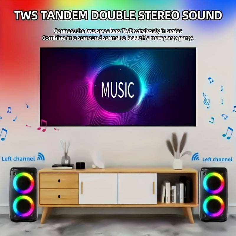 MOKiN 2024 Wireless Speaker with Subwoofer, Dual 10W Speakers, RGB Lights, FM Radio, 2400mAh Battery, Party Disco Light, TWS Connection, TF Card Slot - Black