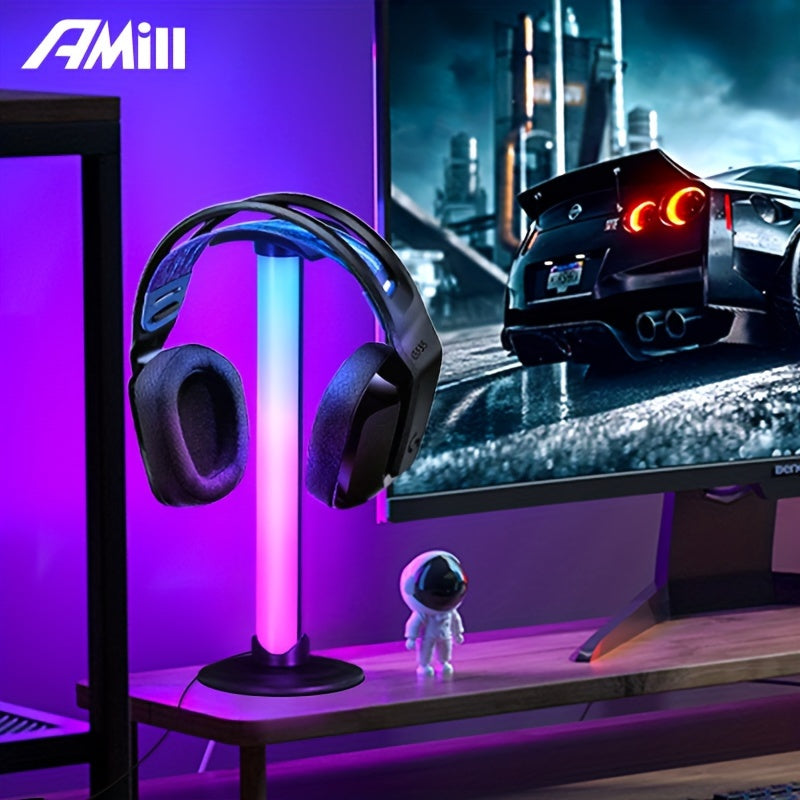 Wire-controlled LED table light with headphone holder, USB powered for game room atmosphere. Ideal for game room, living room, desk, and holiday party decoration.