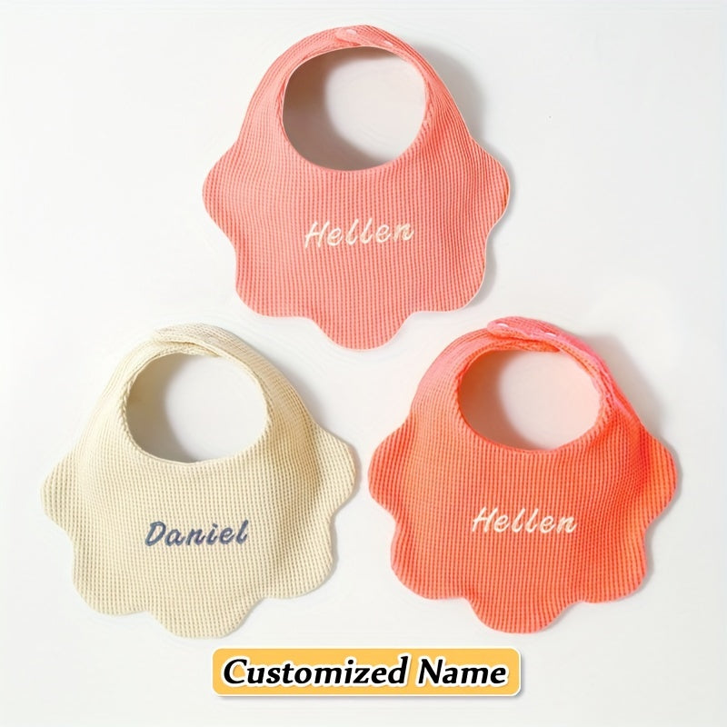 3 Packs of Pure Cotton Baby Bibs with Customized Name, Soft and Breathable, Highly Absorbent, Adjustable Snaps, Ideal Birth or Holiday Gift