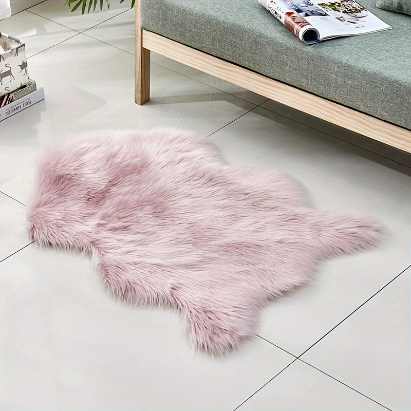 Elegant High Pile Faux Fur Area Rug made of 80% Acrylic and 20% Polyester. This rug is machine washable, stain resistant, and features a knit weave with suede backing. It comes in a solid color and an irregular shape, perfect for adding a touch of luxury