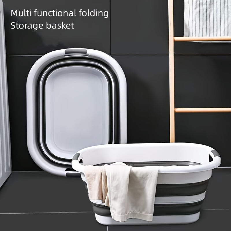 Foldable laundry basin with 3 handles, ideal for home and outdoor use, can be used for clothes, toys, and pet bathing.