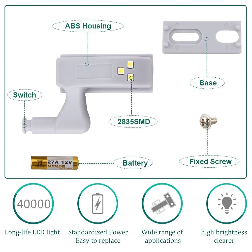 10pcs RGB LightMe LED Hinge Lights with Touch Activation, Adjustable Height, and Energy-Saving Motion Sensor. Suitable for Wardrobe, Bathroom, and Storage Doors. Light Gray Plastic. High