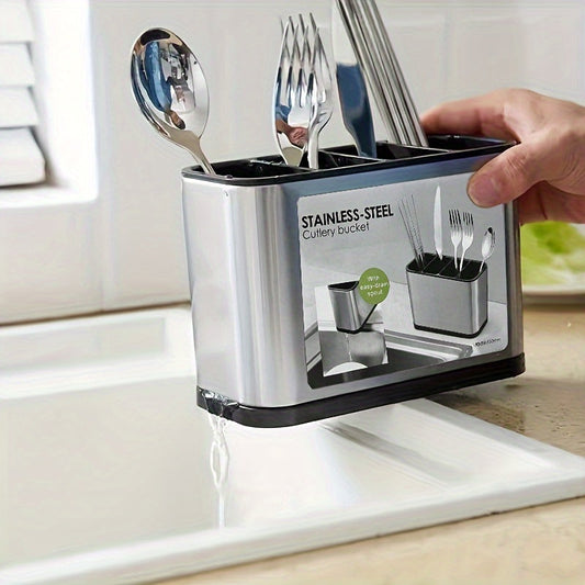 Stainless Steel Cutlery Bucket with Chopstick Barrel, Spoon Compartment, and Knife and Fork Storage on Filterable Kitchen Shelf