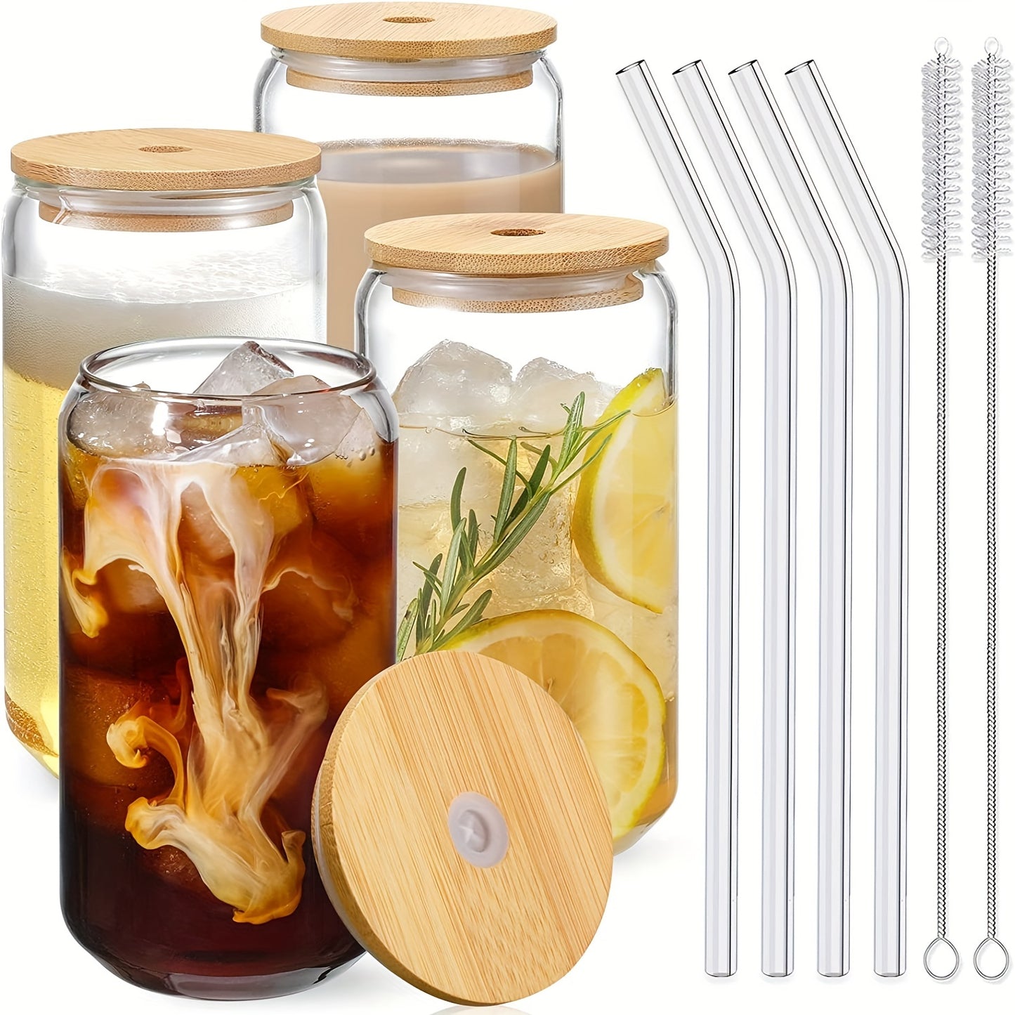 Set of four 16oz high borosilicate glass cups with bamboo lids and glass straws, ideal for cocktails, iced coffee, and gifts.