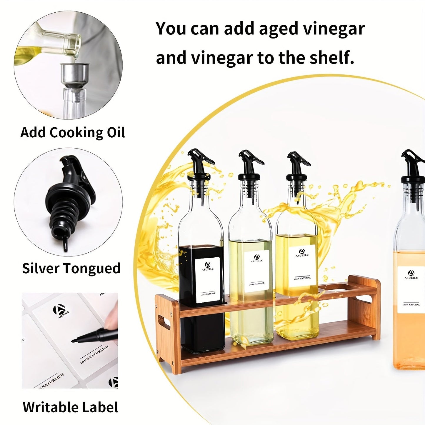 Set of four 500ml Olive Oil and Vinegar Dispensers with a Natural Bamboo Stand, High Clarity Glass Cruets, Durable Borosilicate Glass Containers. Hand wash only. Organize your kitchen storage with the rectangular PVC-Free Bamboo Rack included.