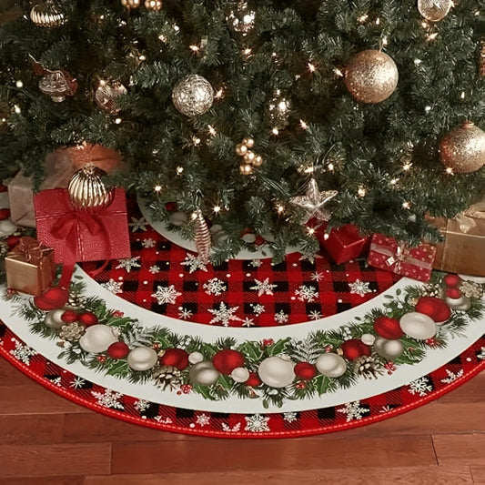 Polyester Christmas tree skirt with drawstring closure (121.92cm) featuring a glam angel theme. Festive holiday decoration with snowflakes, baubles, and holly design. Perfect for home, office, or themed party decor.