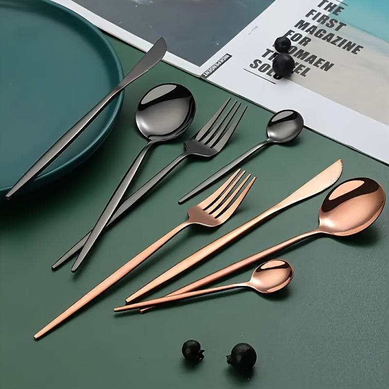 Premium 24-piece stainless steel flatware set with high-temperature resistance, rust-proof, elegant golden finish, and durable cutlery for various occasions.