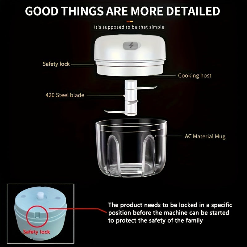 Mini kitchen electric garlic press chopper with USB rechargeable meat grinder (100ml/250ml).