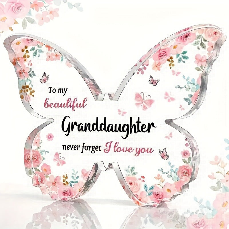 Engraved Granddaughter Love Message on Acrylic Butterfly Memorial Plaque, including a Polished Vertical Document Frame and Plastic Desk Decor. This Sentimental Gift is perfect for Birthday, Mother's Day, Spring, Easter, and is Suitable for Ages 14+.