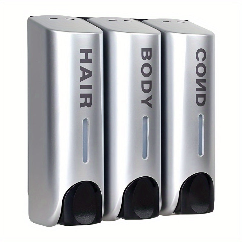 Wall-mounted manual soap dispenser for hotels with single, double, or triple heads, no drilling required.