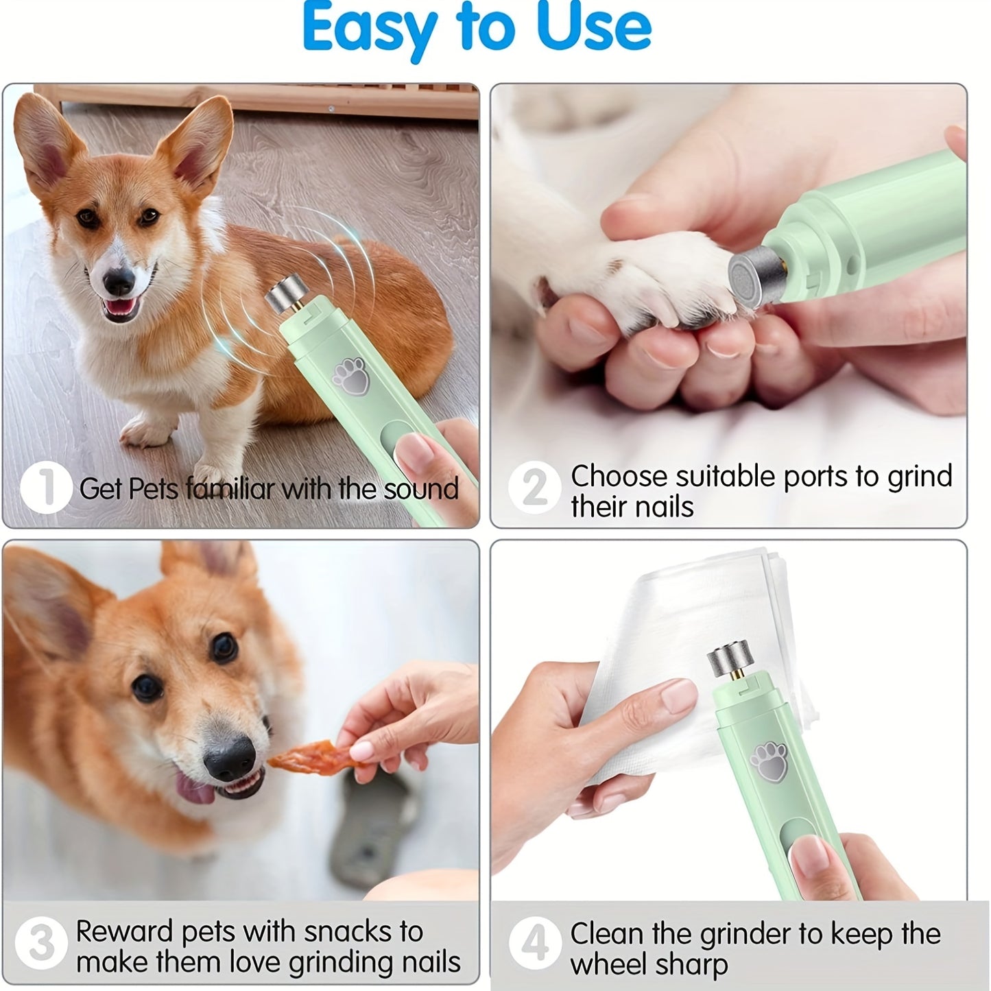 "Pet Paws Grooming Tool: Itlar va mushuklar uchun yumshoq 2-tezlikli elektr tirnoq maydalagichi. Uyda xavfsiz va oson kesish."