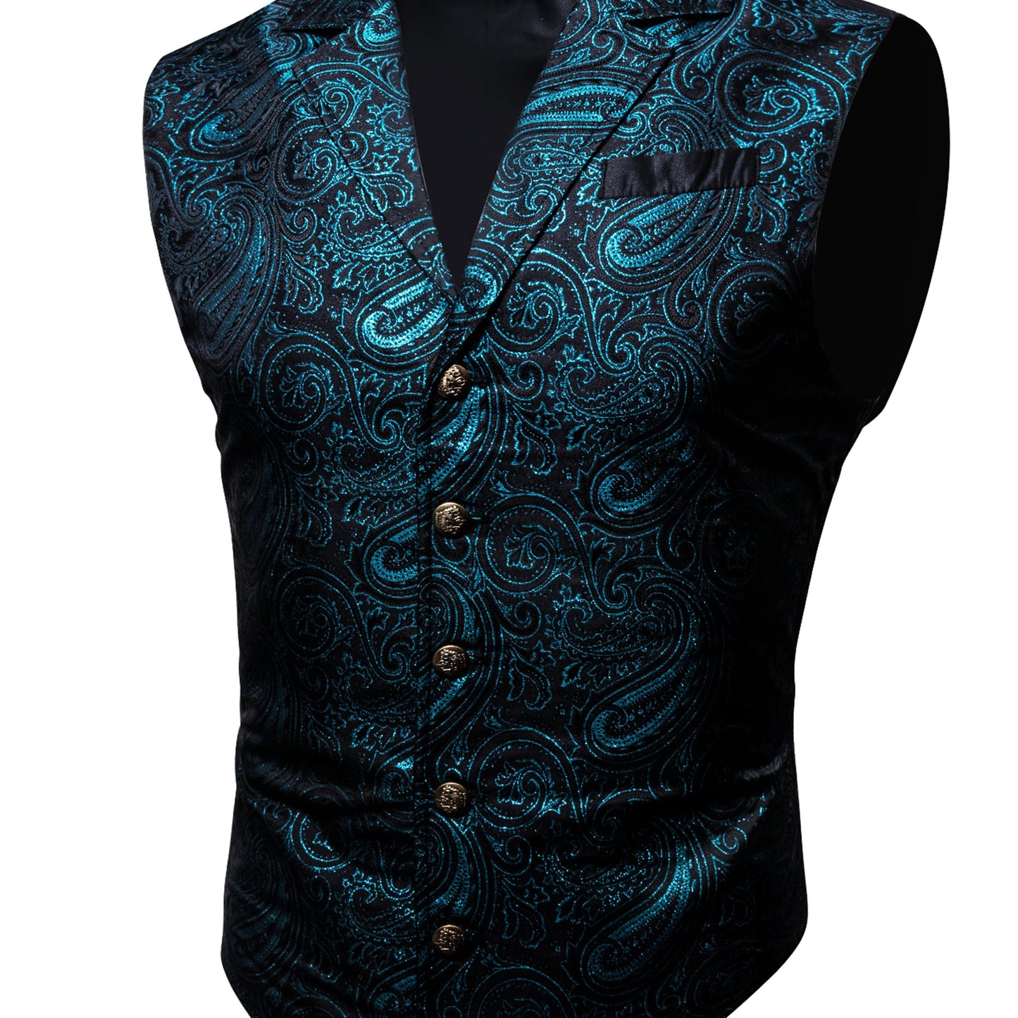 Large green satin jacaquard floral suit vest with tailored collar and copper buttons, suitable for Victorian steampunk and gothic themed events.