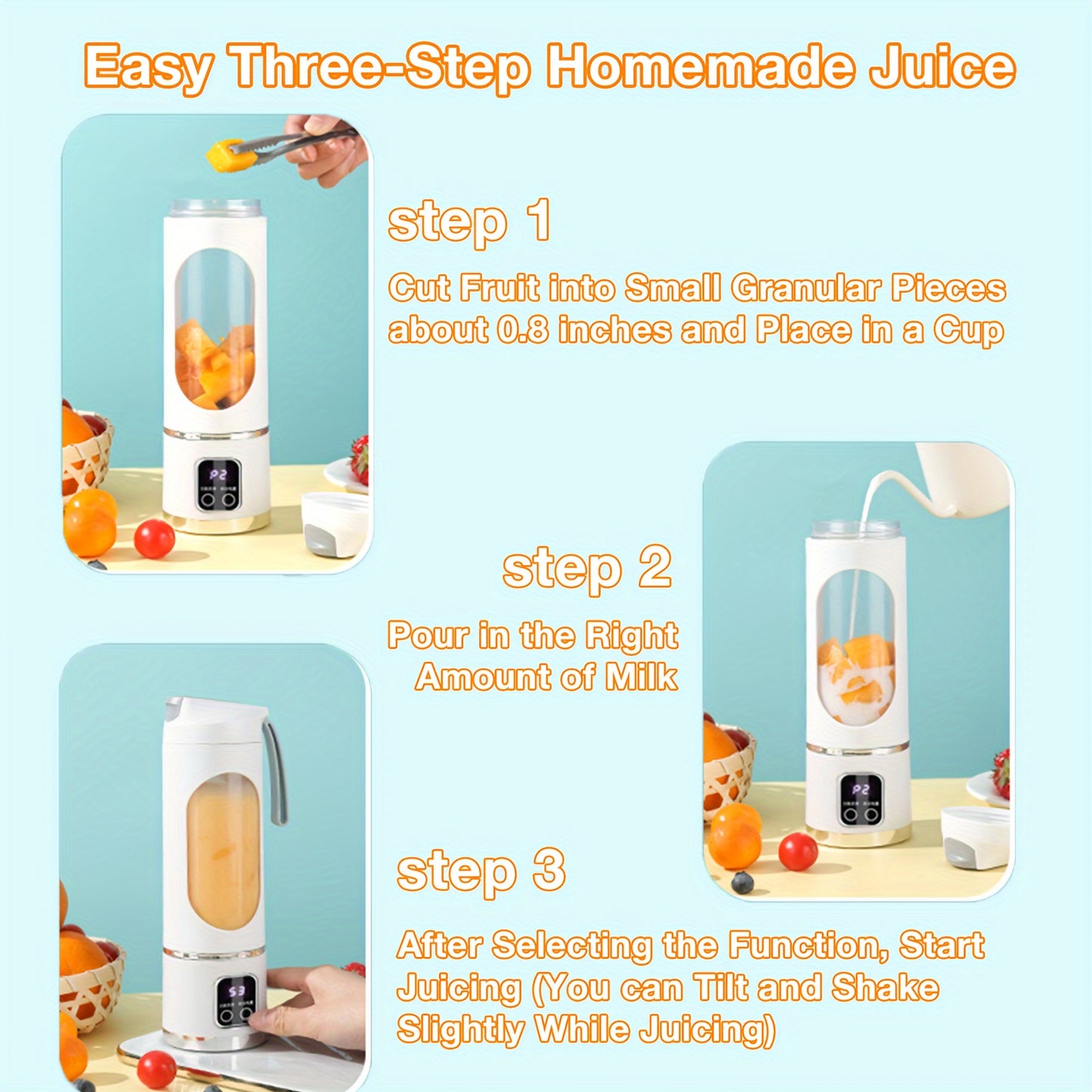 Portable Genai HS-860 citrus juicer with 450ml capacity, USB rechargeable, detachable design, non-slip base, push-button control, easy to clean, food-grade ABS cup.