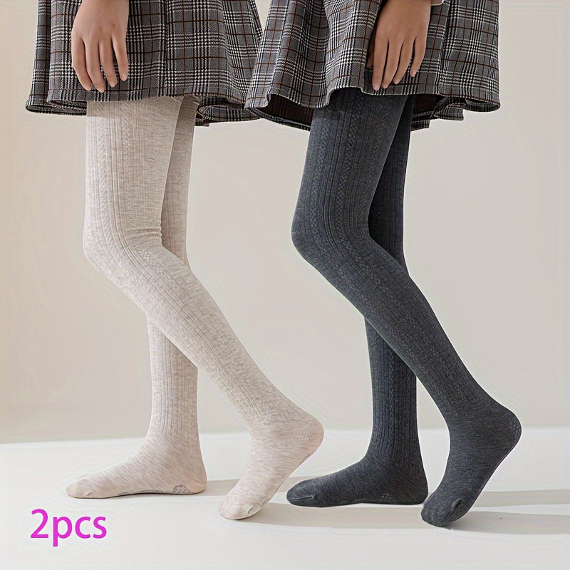 Two Girls' Striped Knit Tights: Viscose 55%, Polyester 38%, Spandex 7% Blend, Mid-Thickness Leggings for All Seasons with Footwear