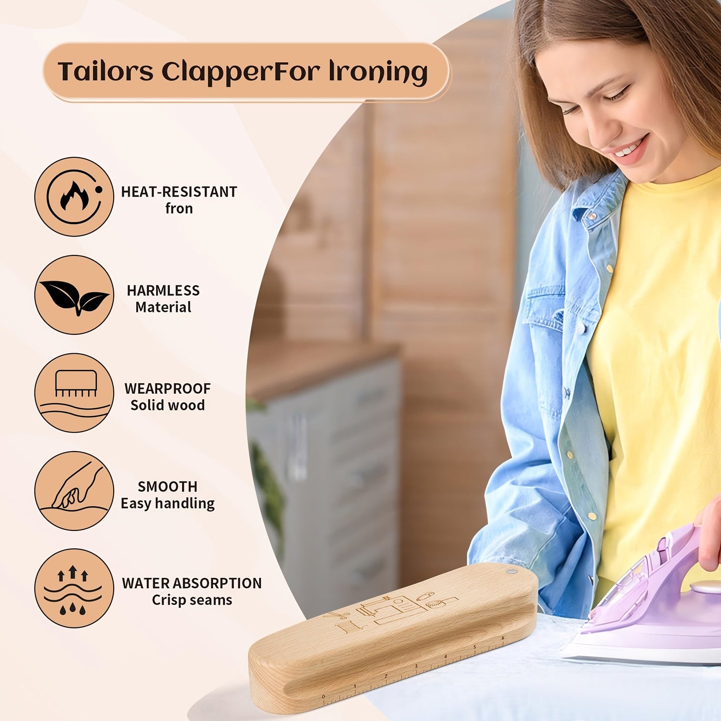 1 wooden tailor's clapper with a magnetic pin cushion, perfect for sewing, quilting, and ironing.