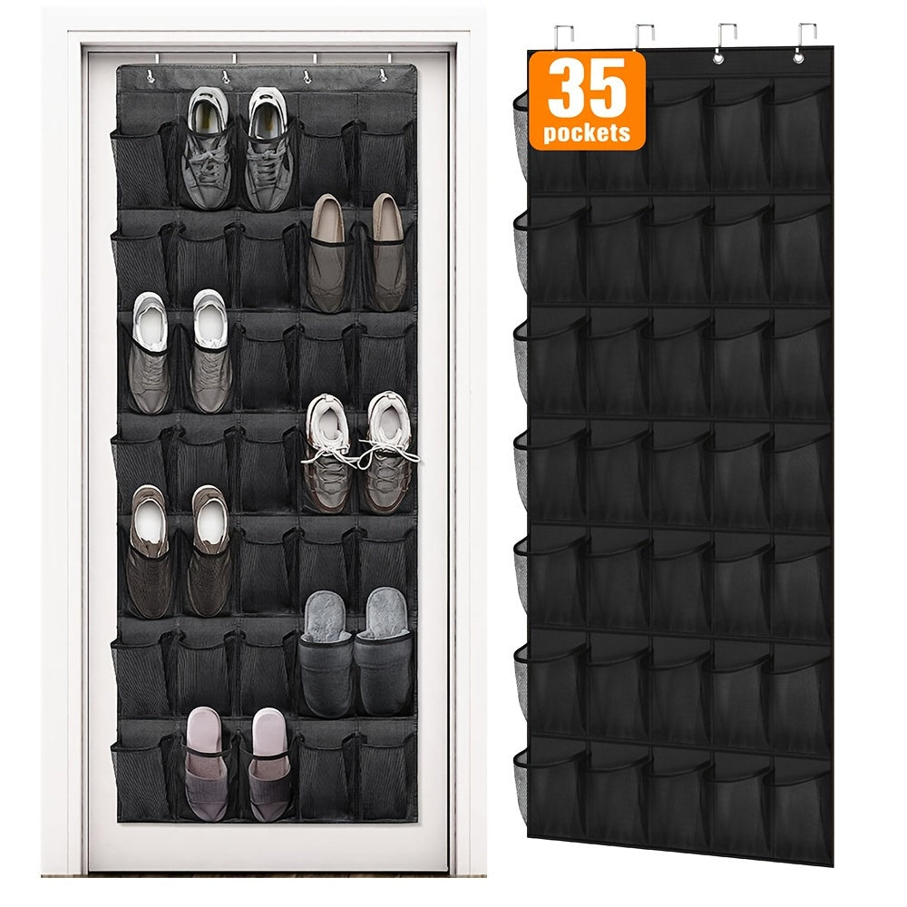 Organize your shoes with ease using the 35-Pocket Over-the-Door Shoe Organizer. This hanging canvas shoe storage solution comes with 4 metal hooks, making it perfect for saving space in your home, kitchen, or closet.