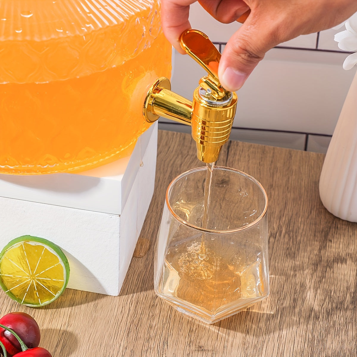 Large capacity glass beverage dispenser with spigot for serving cold drinks. This transparent thickened drink container is perfect for fruit juice, iced tea, and cocktails. Take it anywhere as a portable refrigerator drink dispenser.