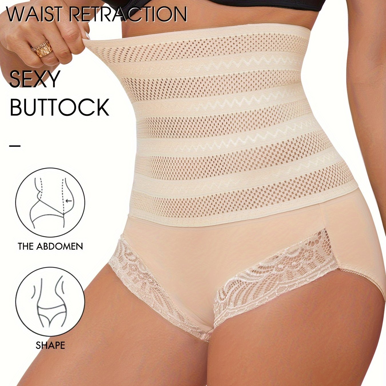 High waist compression panties with lace detail for shaping and lifting buttocks, tummy control.