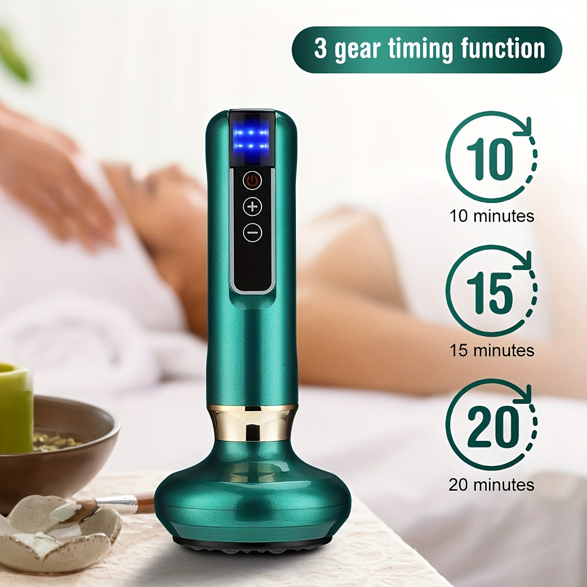 Cloud Prime Electric Vacuum Cupping Massager with 6/12 levels, USB rechargeable with 1800mAh battery. Available in White, Green, Gray.