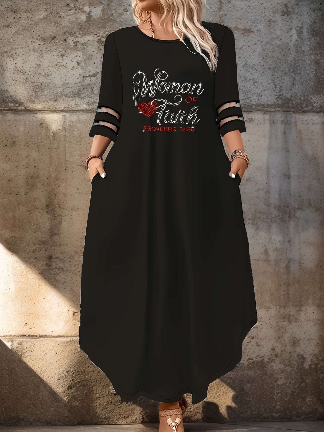 Women's Midi Dress with Rhinestone Slogan, Sheer Mesh Detail, Stretchy Polyester Blend, Round Neck - Machine Washable