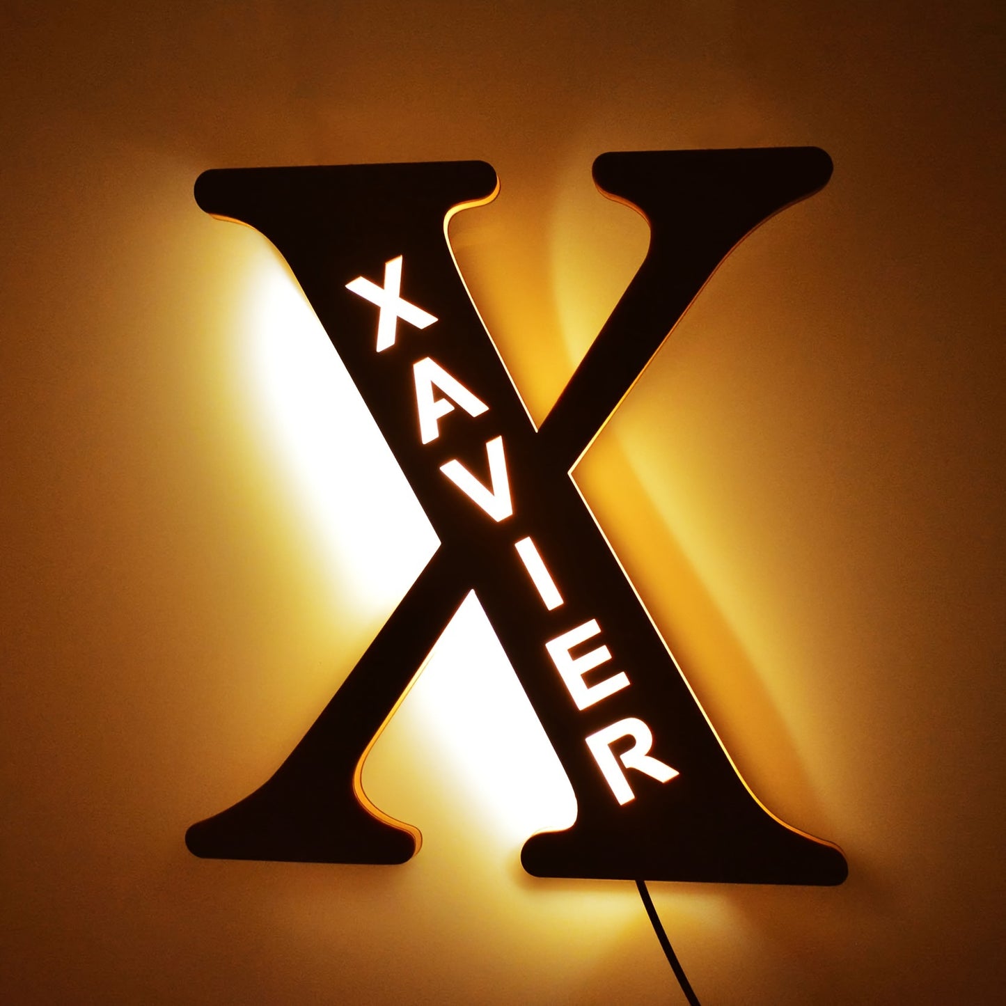 Custom LED letter night light for couples, friends, and family - personalized wooden wall lamp powered by USB. Ideal for bedroom decor with custom uppercase letters.